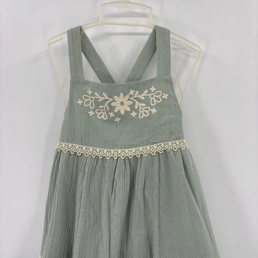 Rachel Zoe Dress Kids Size 4 Sage Green Floral Embroidered Lace Boho Cotton Cute